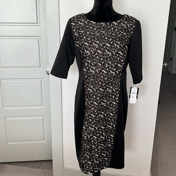 Sandra Darren blk blk lace w nude shift dress 12 - Picture 1 of 12